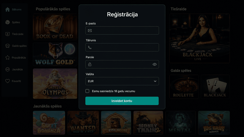 Online kazino reģistrācijas forma Latvijas spēlētājiem